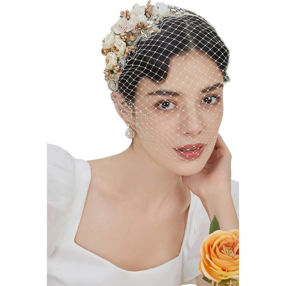 Women’s 1920s Mesh Flower Pearl Veil Fascinator Headband for Weddings